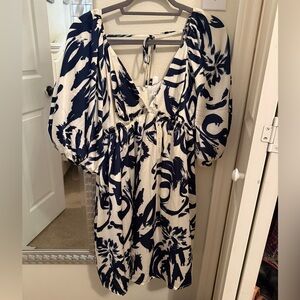 She + Sky Navy Printed Puff Short Sleeve Dress With Back Tie - Large